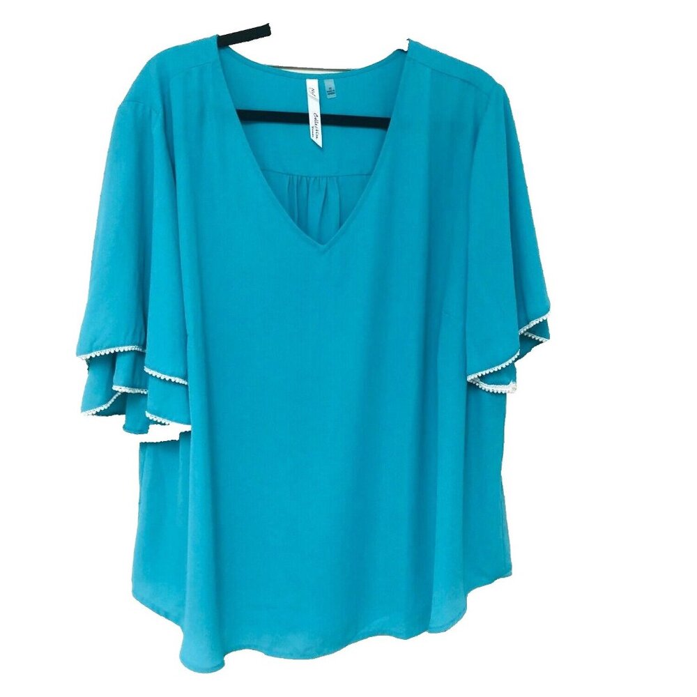NY Collection Teal V-Neck Flutter Sleeve Tunic with Trim